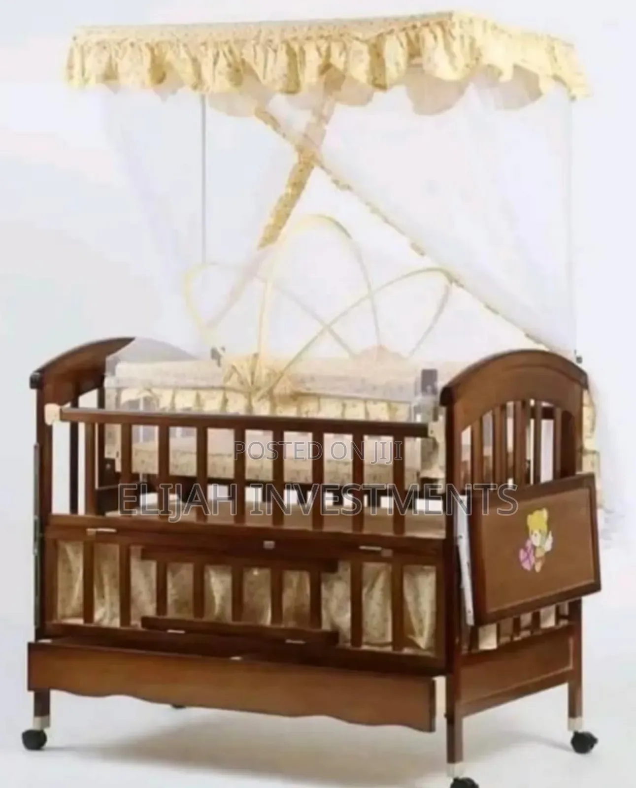 Classy Wooden Baby Cot With Wheels and Net