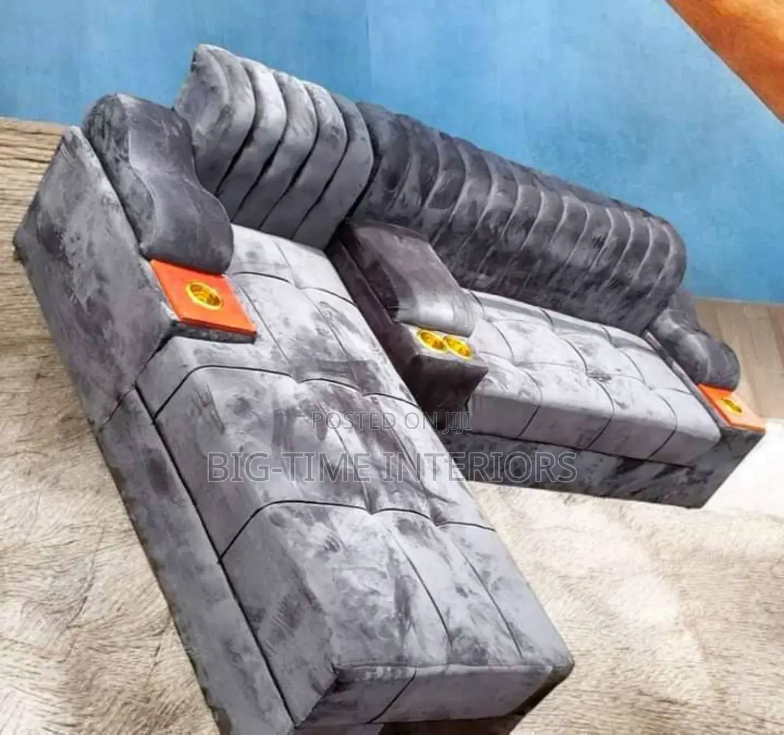 5seater Gray Fabric L-Sofa Set