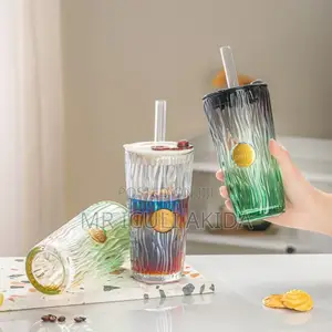 American Ice Coffee Milk Glass Cup Tumbler Mug WTH Lid Straw