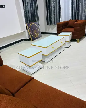 Center Table With Stools on Both Sides in Color White