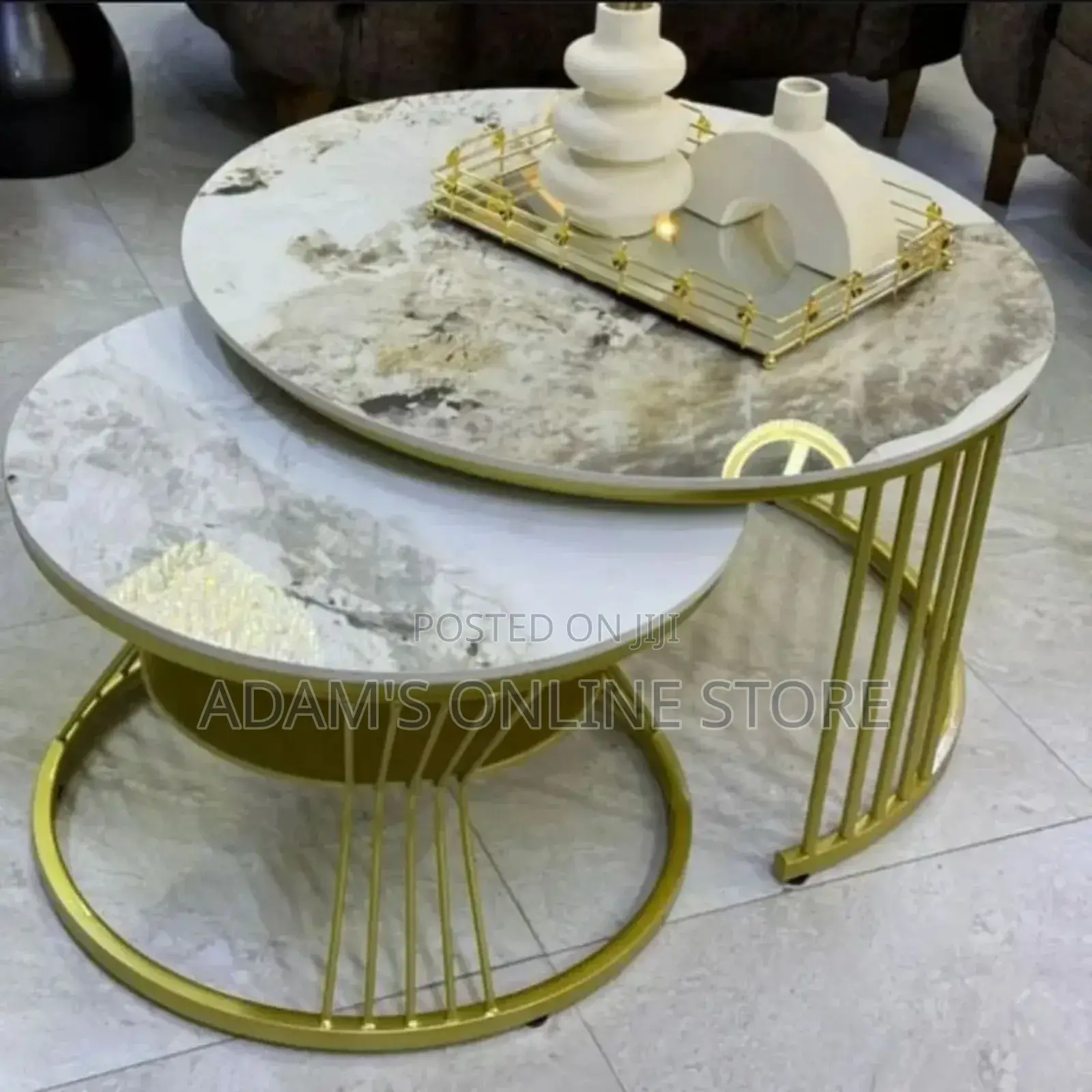 Round Metal Center Table With Gold Stand and Marble on Top