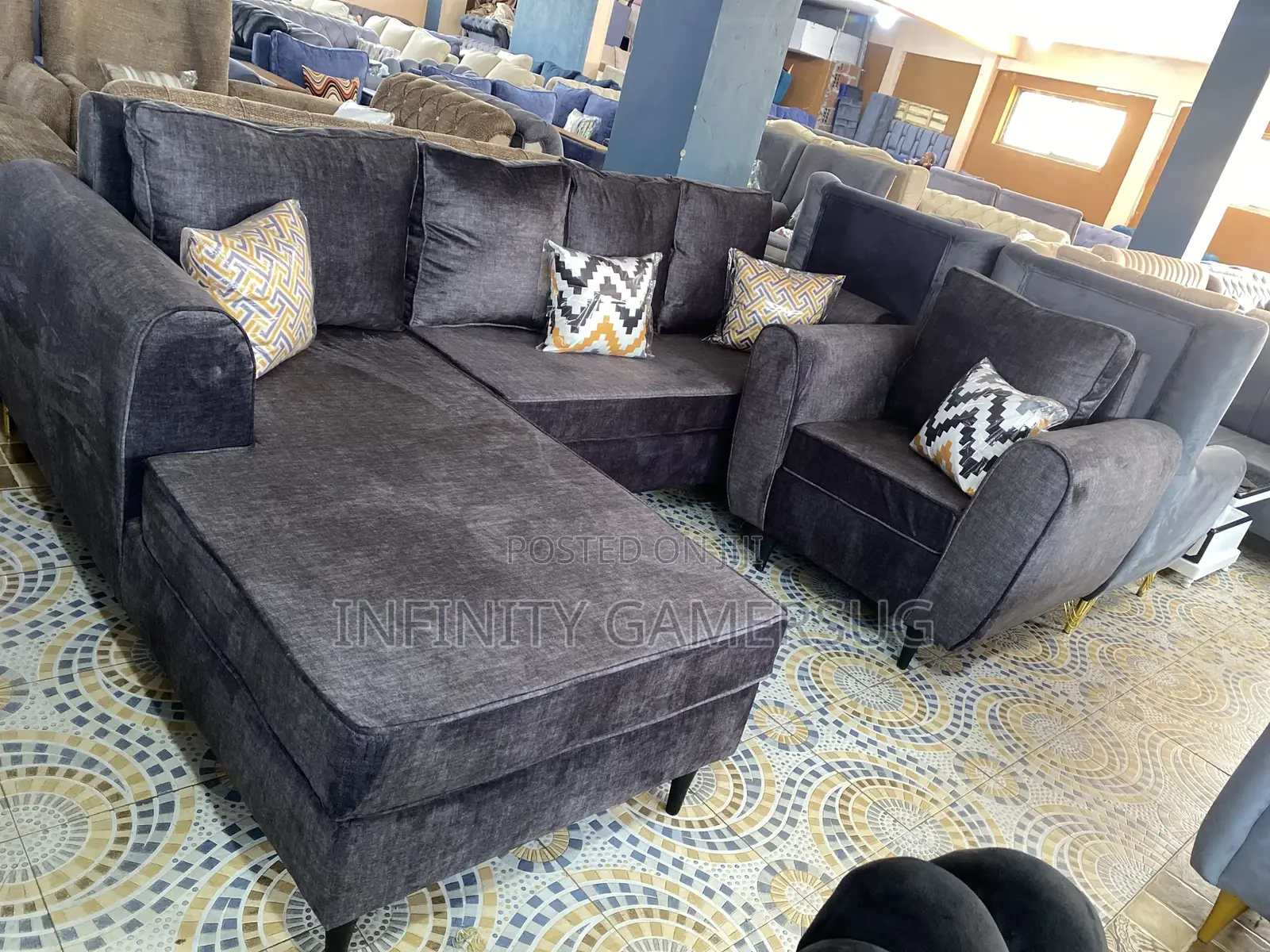L Sofa Bed in Dark Gray Color With Fiber Cushions Available