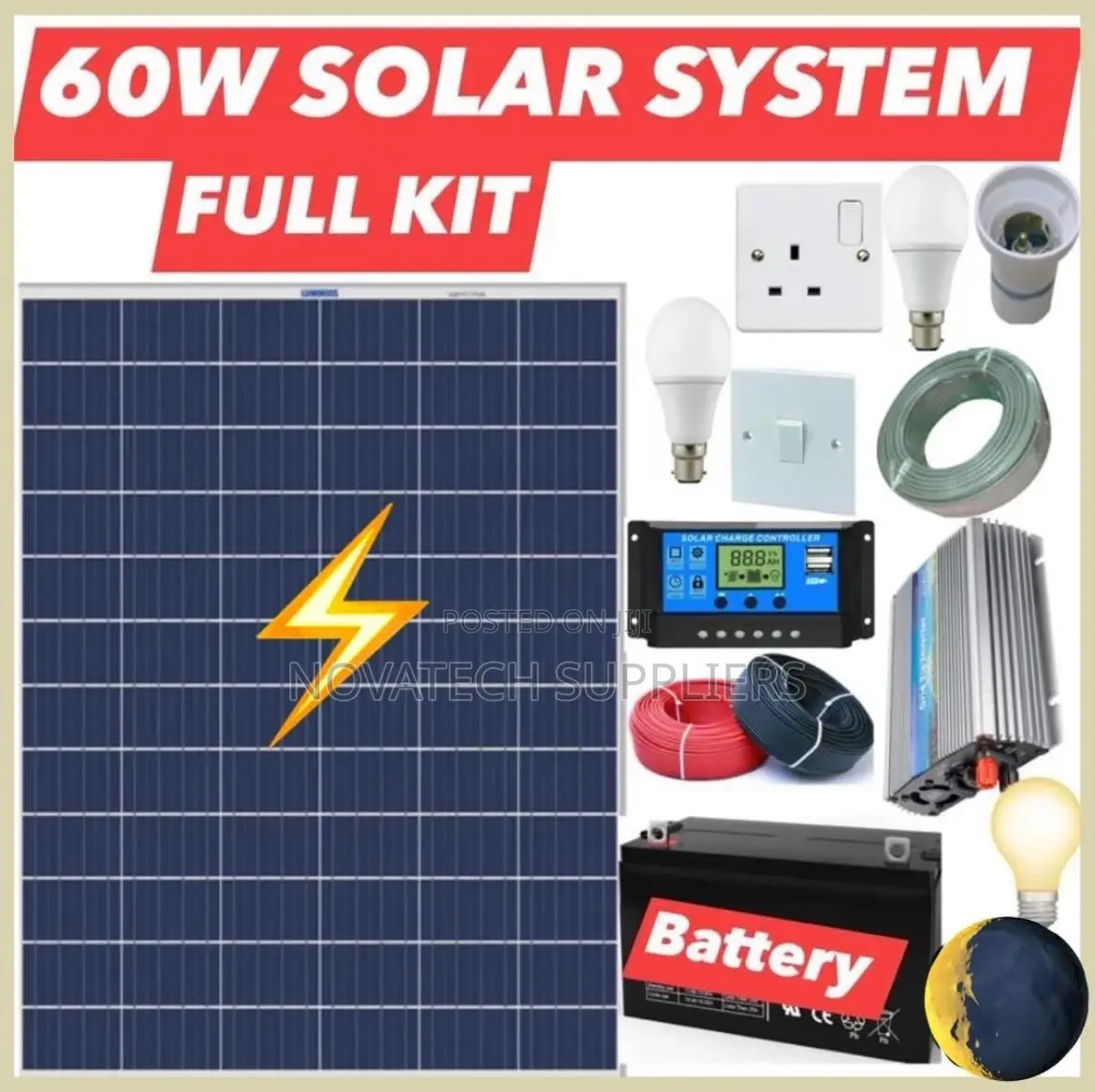 60W Solar System Full Kit / Black Bom