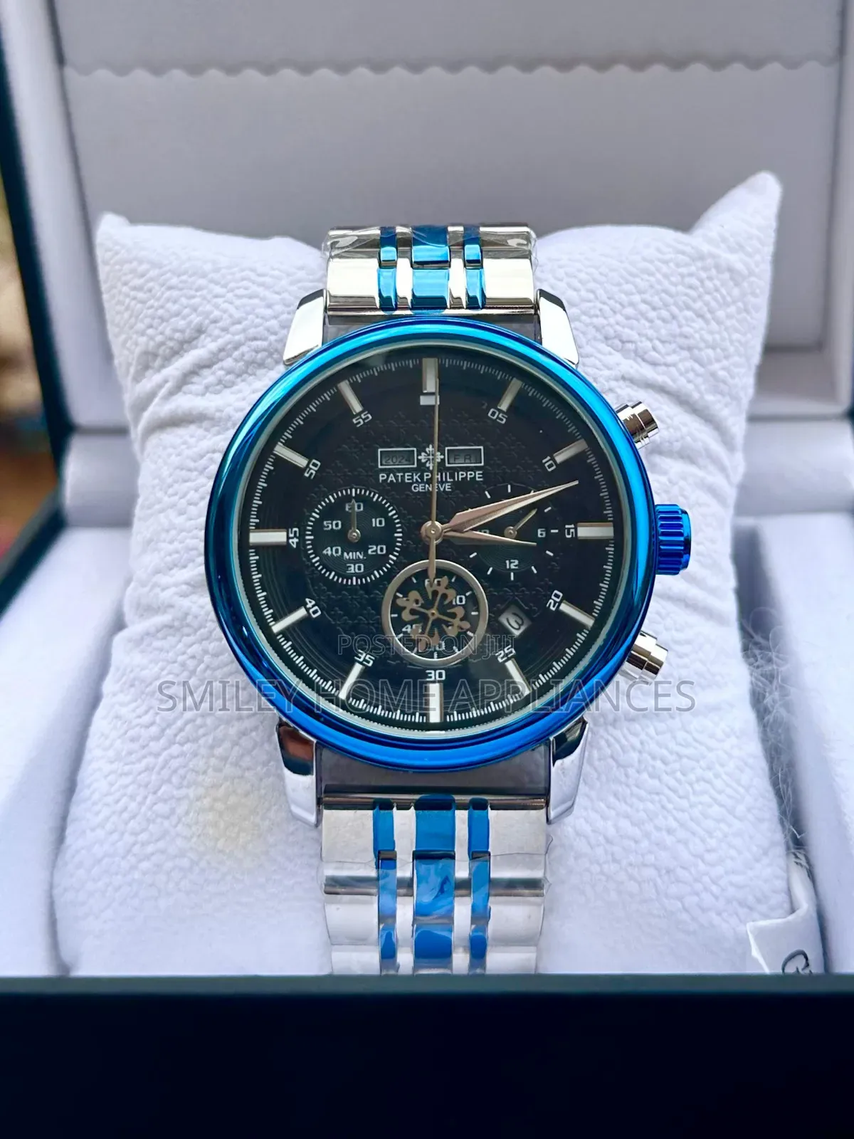 Patek Philippe Geneva Silver Blue Strapped Wrist Watch