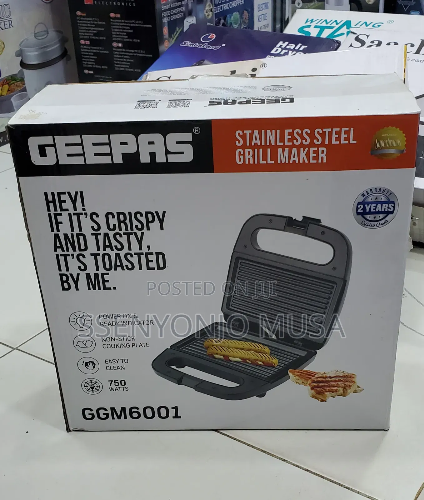 Geepas Portable 2 Slice Grill Maker Ggm6001 | 750w Non-Stick
