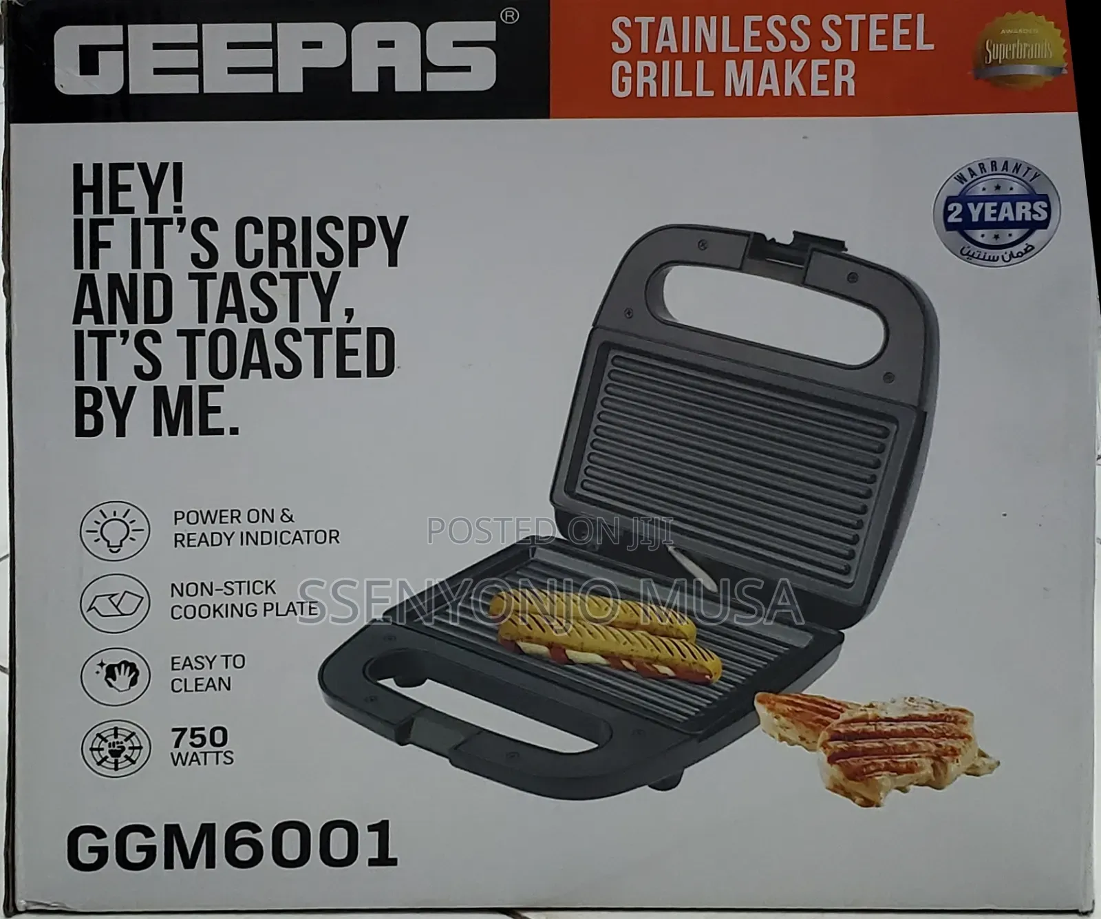 Geepas Portable 2 Slice Grill Maker Ggm6001 | 750w Non-Stick