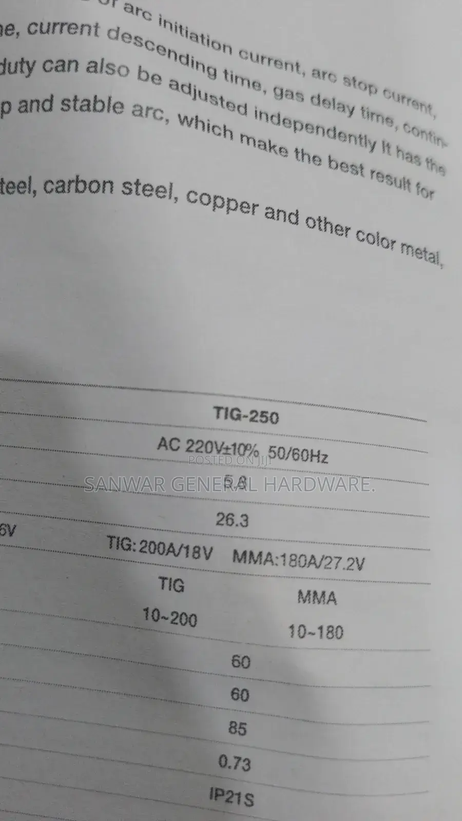 TIG-250 Welding Machines (TIG and MMA- Welding)
