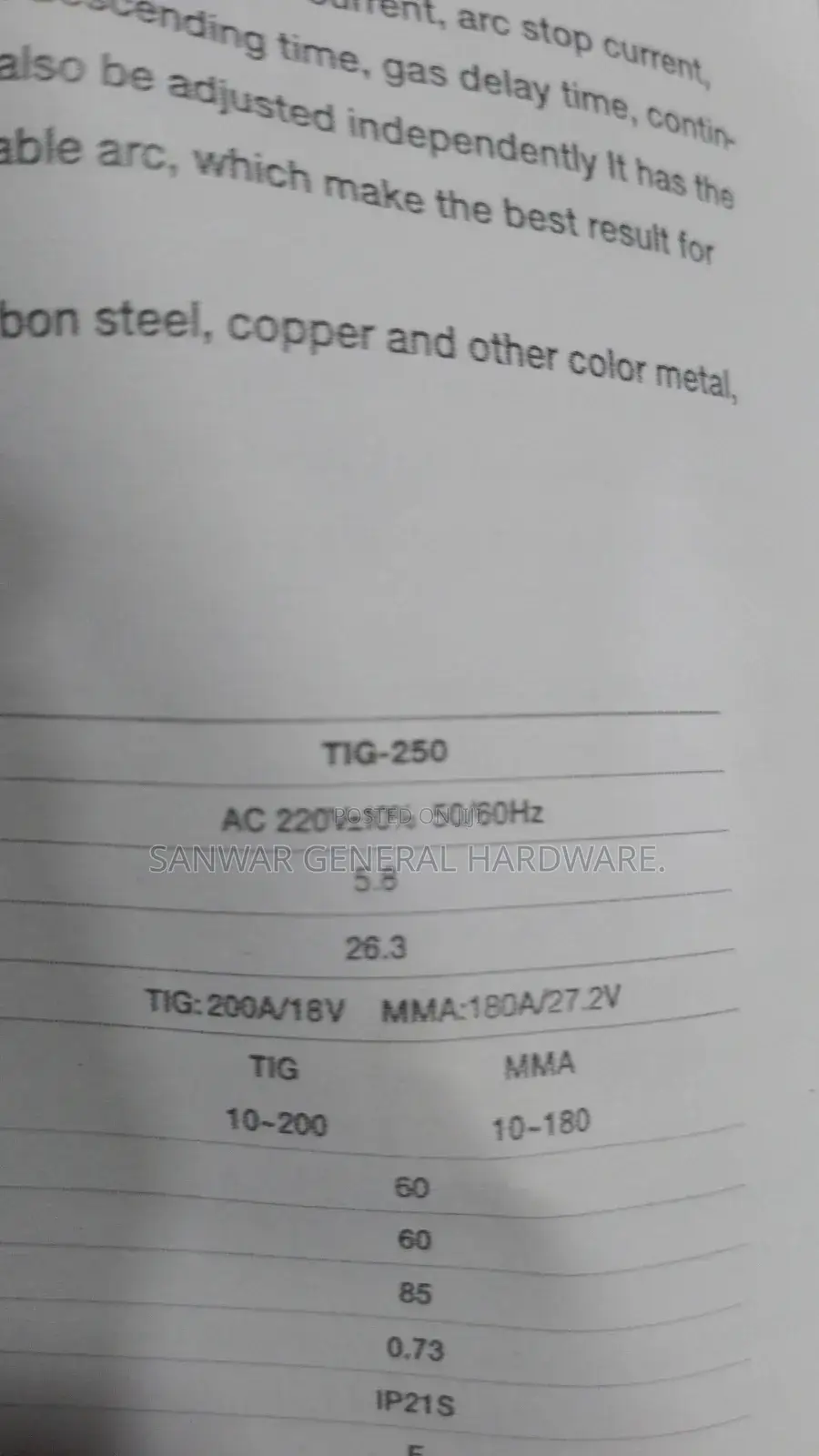 TIG-250 Welding Machines (TIG and MMA- Welding)