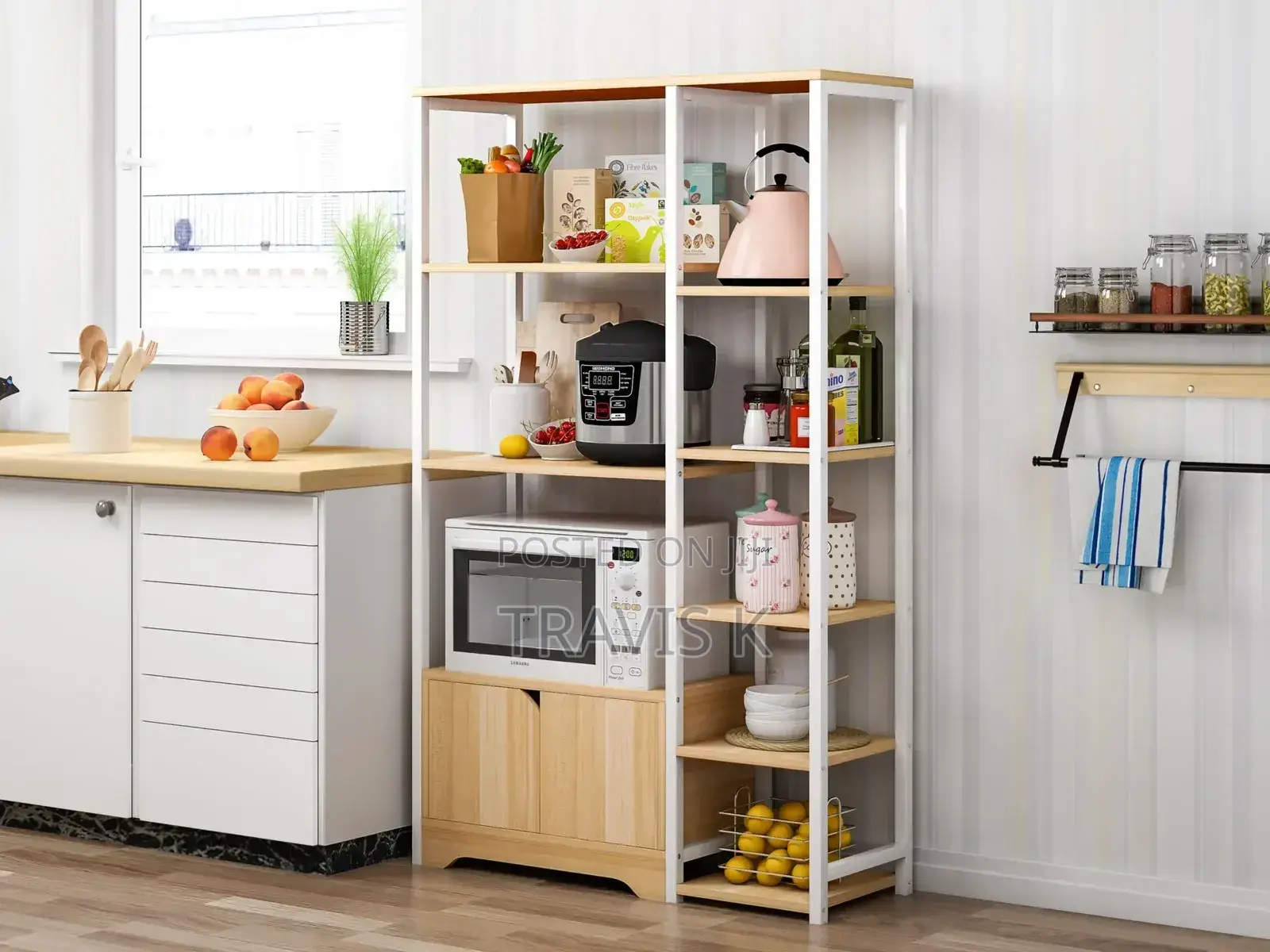 Steel and Wood Kitchen Storage Rack With Microwave Shelf