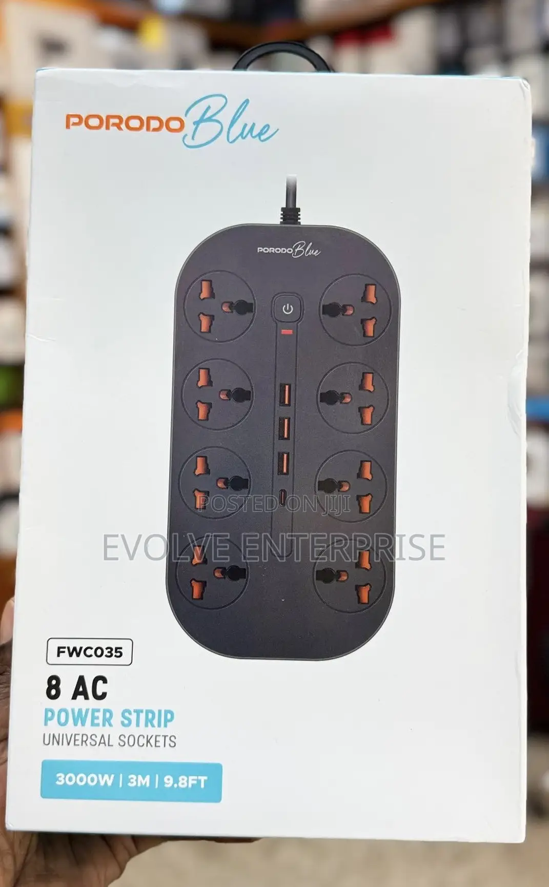 PORODO Blue 8 AC 3000W 3M Power Strip Universal Socket