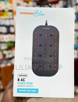 PORODO Blue 8ac 3000w 3M Power Strip Universal Socket