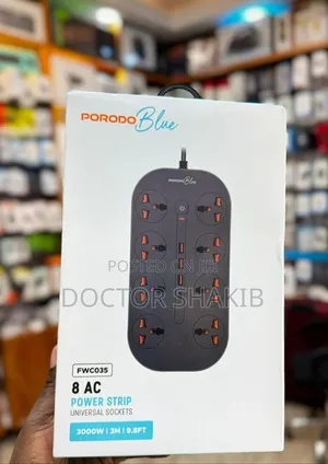 Unique Porodo Blue 8 - AC Power Strip Universal Socket