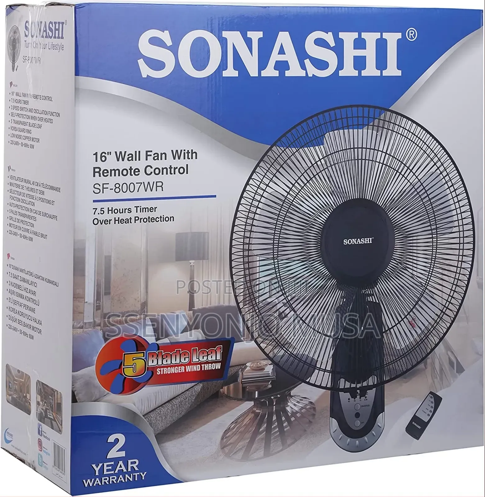 Sonashi 16 Inch Wall Fan With Remote Control/Black/Sf-8007wr