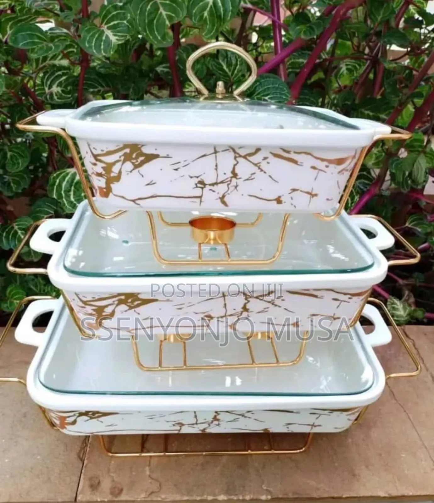 3-Piece Chafing Dish Set | Golden Ceramic Chafer With Marble