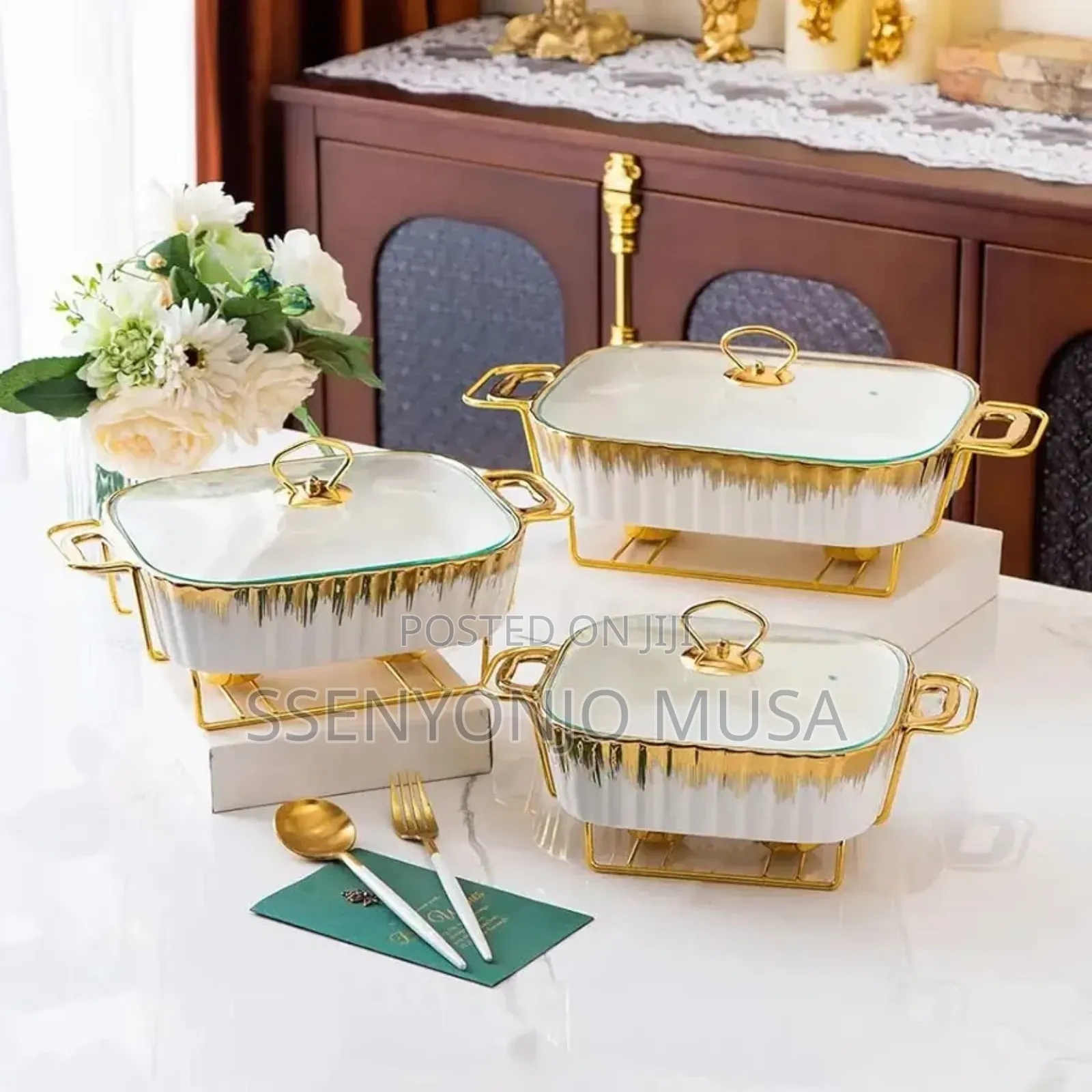 3-Piece Chafing Dish Set | Golden Ceramic Chafer With Marble