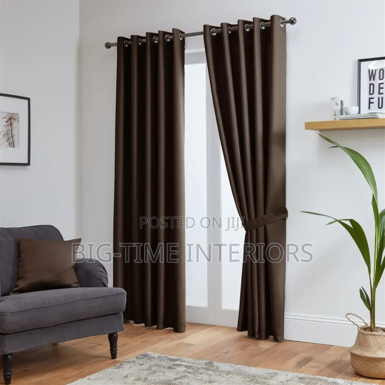 Plain Brown Curtains 3pcs Set; 2curtains 1net