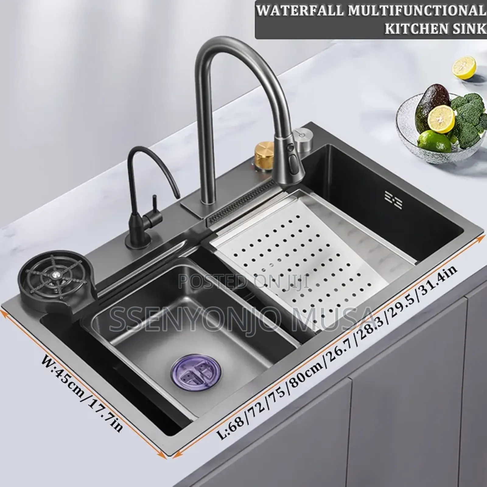 Electric Waterfall Kitchen Sink –304 Stainless Steel Black Nano Single