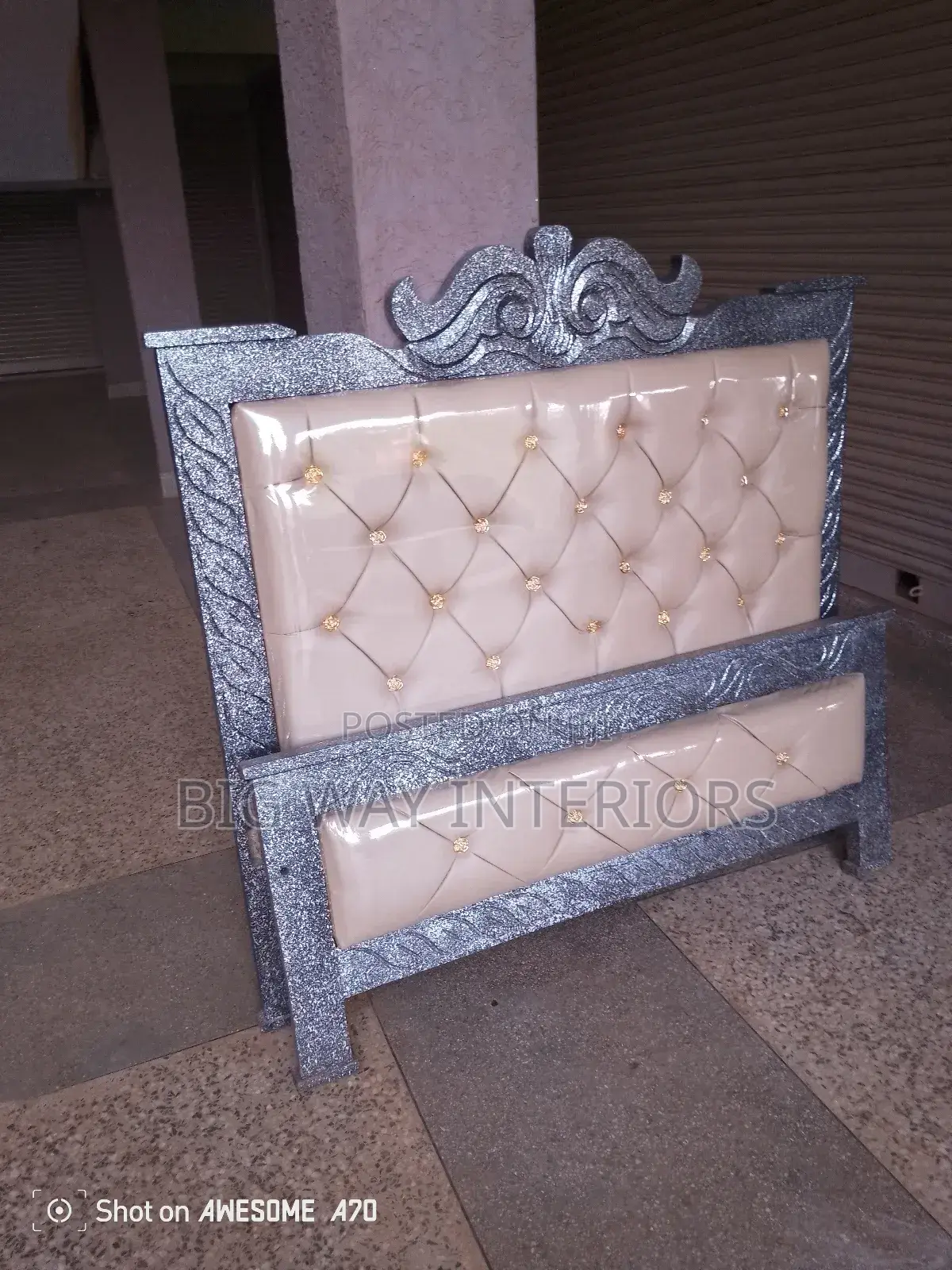 4x6 Cream Leather Bed With a Terrazzo Frame