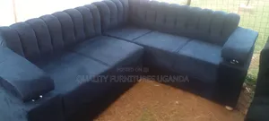 Wooden Navy Blue L Sofa Set