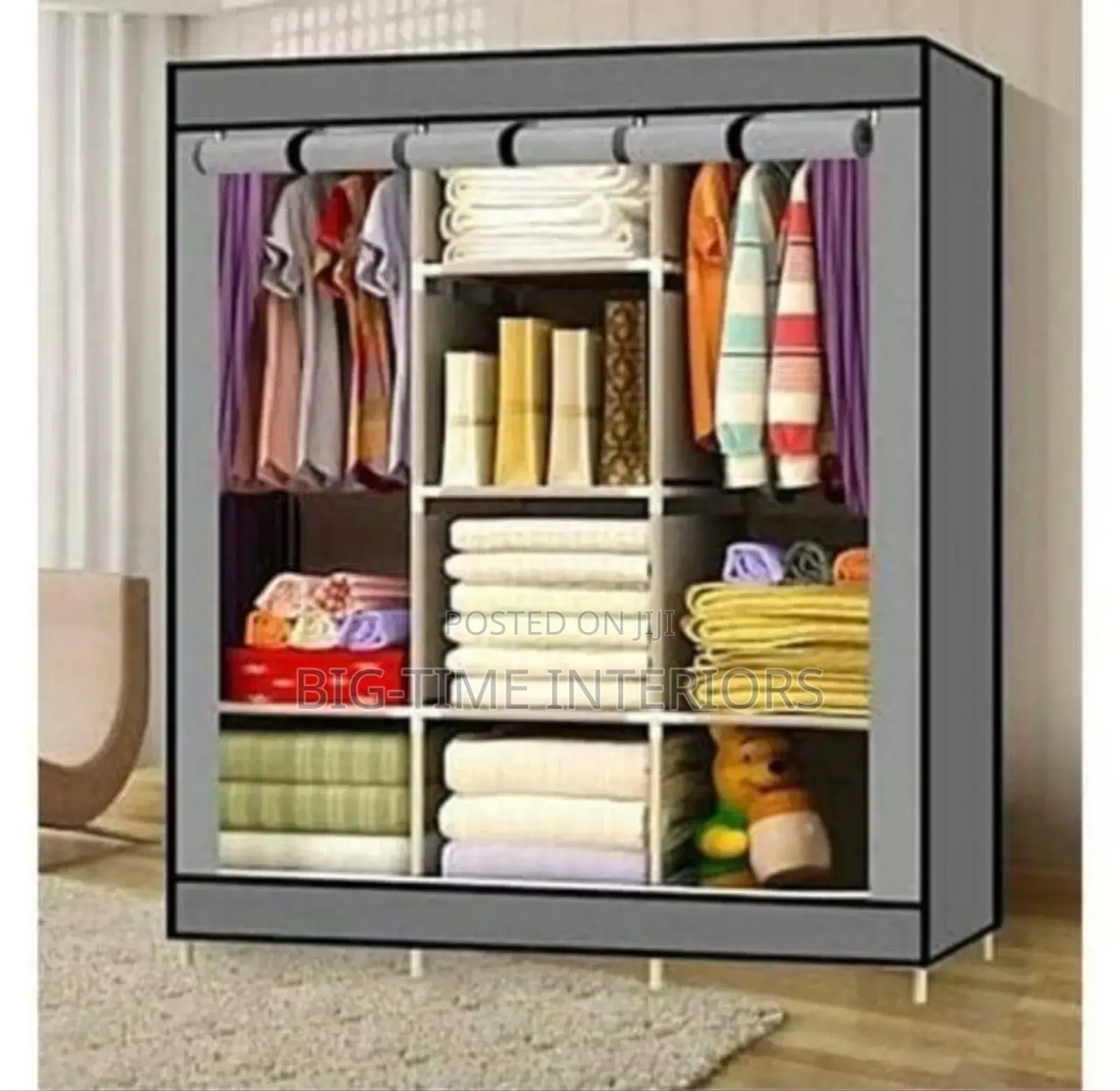 3column Gray Metallic and Cloth Closet/Wardrobe