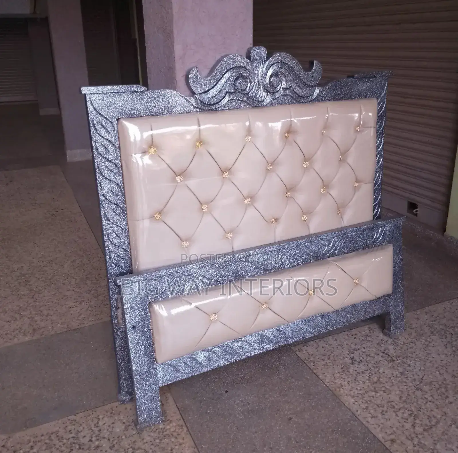 4x6 Cream Leather Bed With Silver Dots on Frame