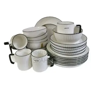 24pcs of Black Line Design Plates Bowls Cups Dinner Set