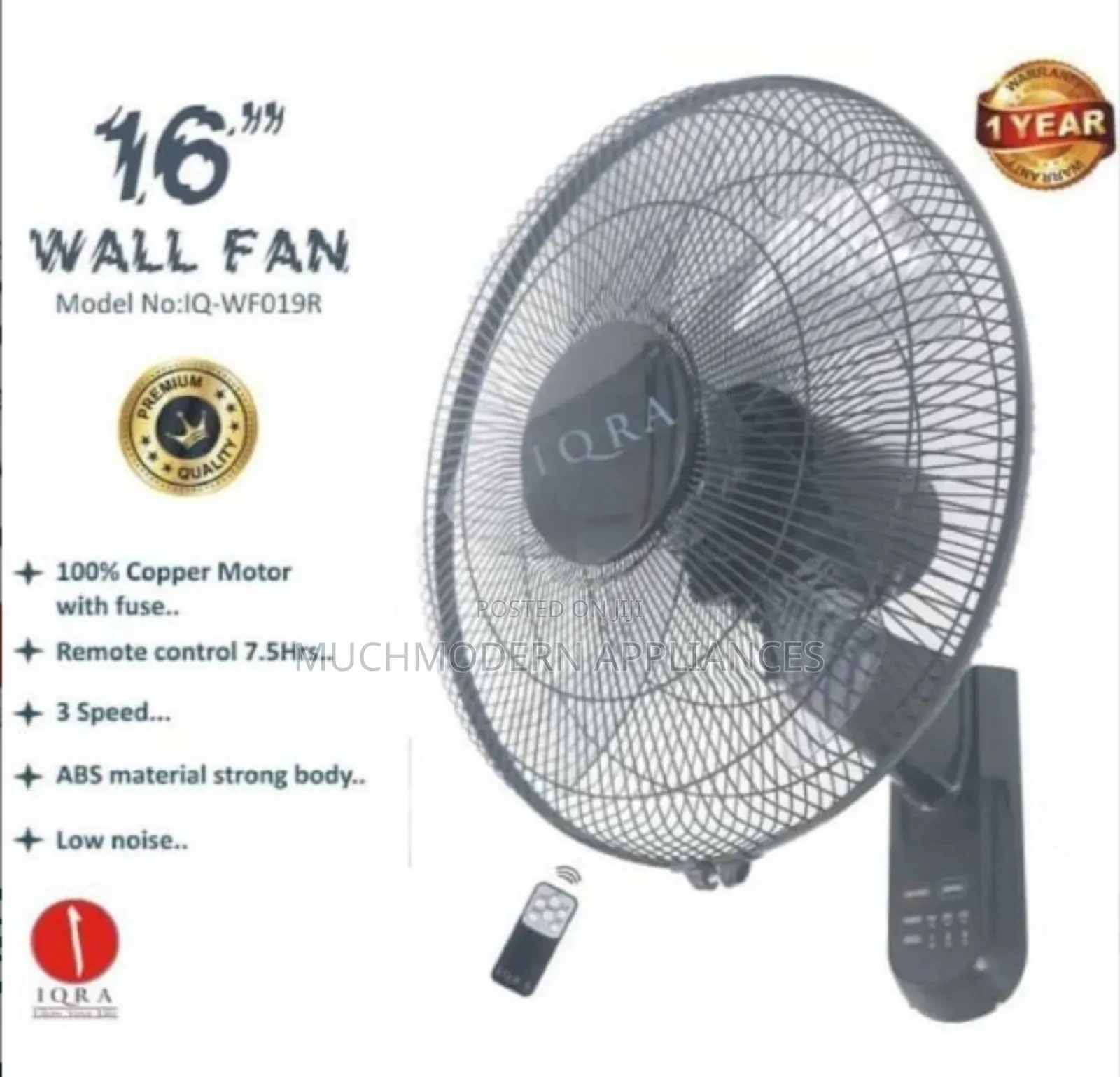 IQRA 16-Inch Wall Fan With Remote, 50 Watts (IQ-WF019R)