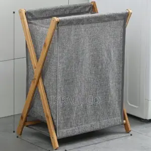 Foldable Laundry Basket Bag With Wooden Stand Storage Bin