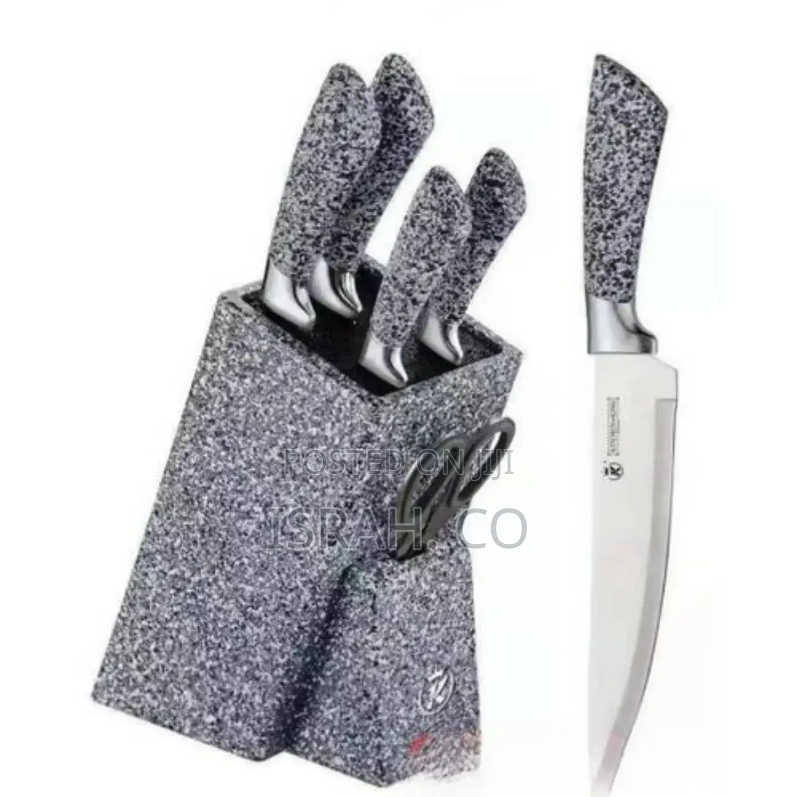 7 Piece Black Dotted Handle Knife Set in Wooden Stand