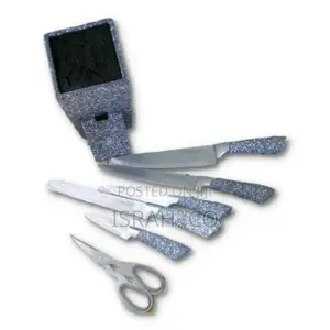 7 Piece Black Dotted Handle Knife Set in Wooden Stand