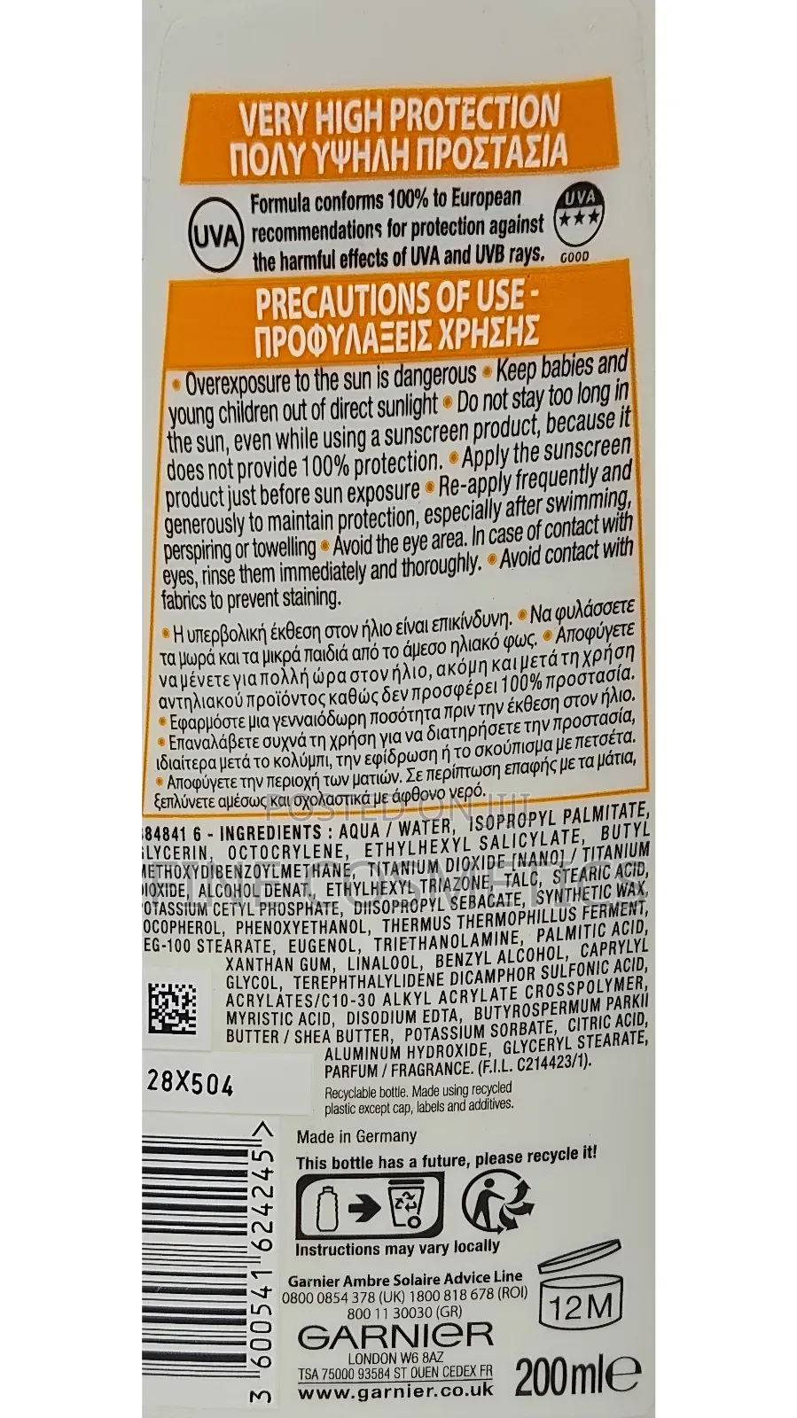 Garnier Ambre Solaire 24hrs Hydra Protect
Sunscreen Lotion