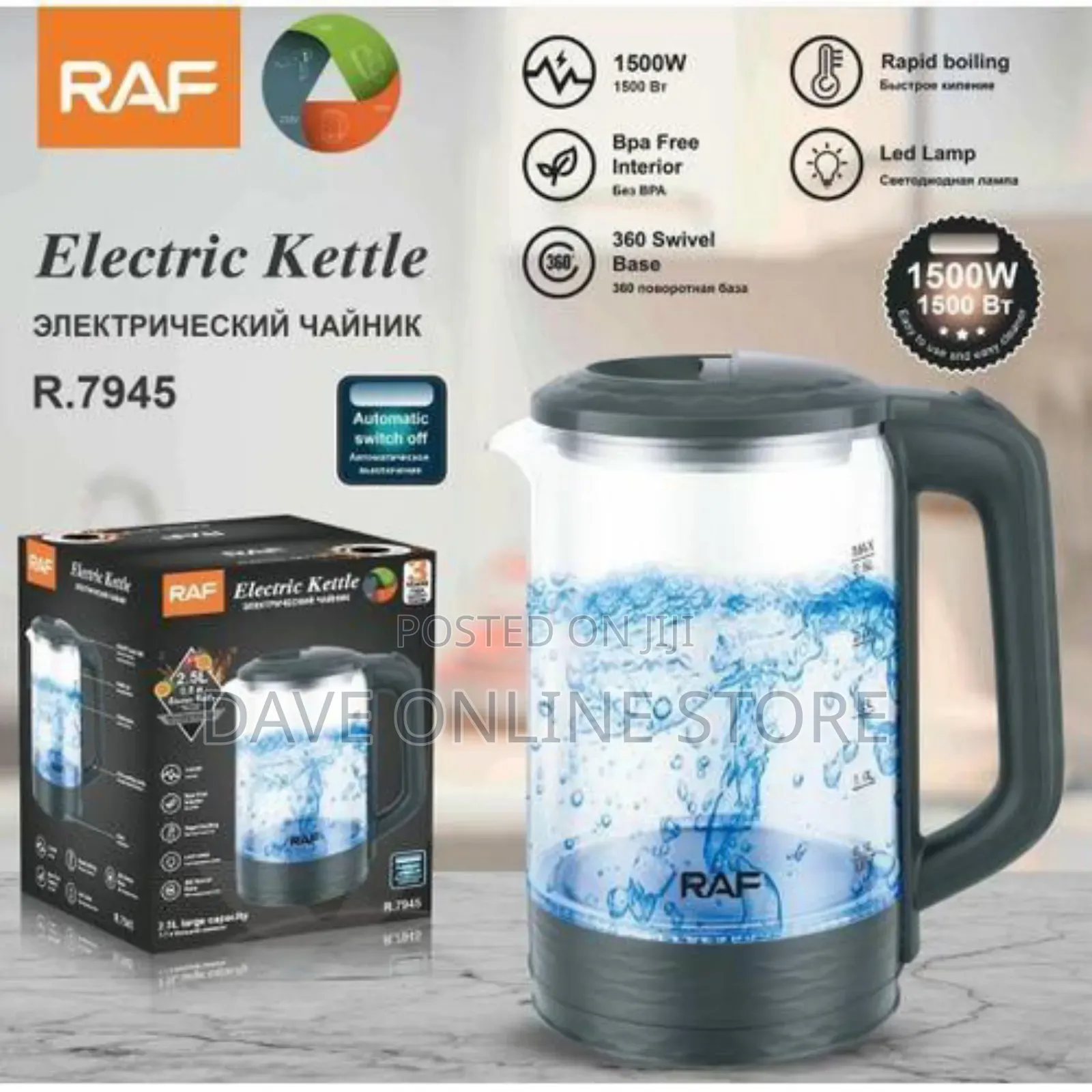 RAF 2L Clear Glass Electric Kettle Glass Body Jug -Black