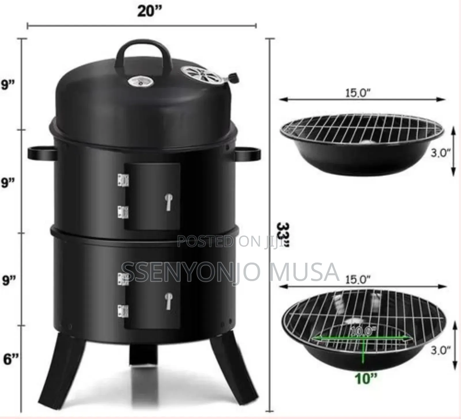 3-in-1 Charcoal Grill BBQ Smoker Oven - Black