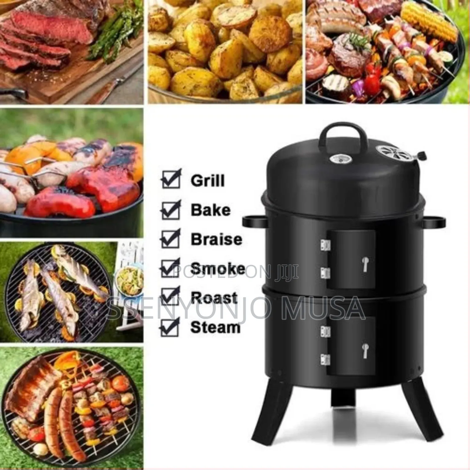 3-in-1 Charcoal Grill BBQ Smoker Oven - Black