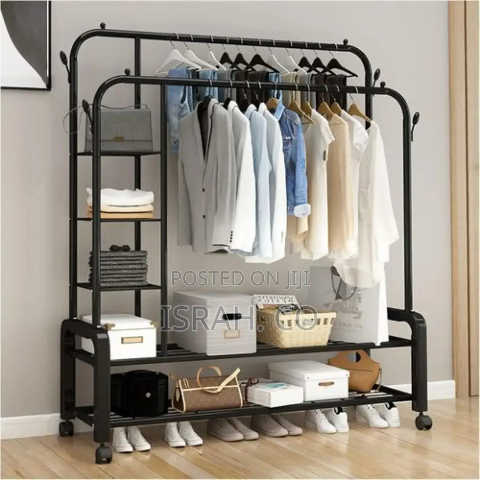 5 Tier Shelves Coat Rail 4 Hooks Double Pole Clothes Rack