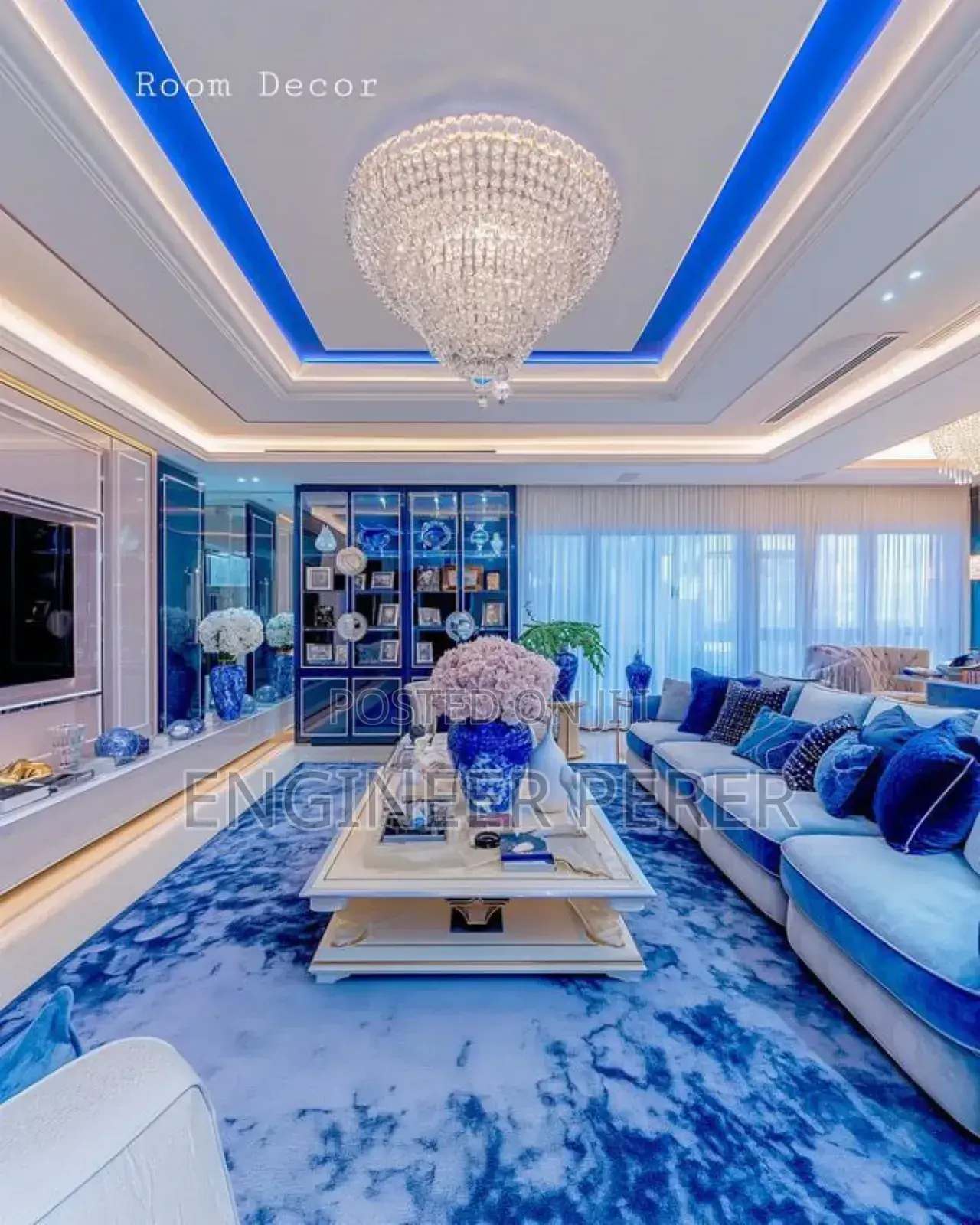 Gypsum Ceiling Light and Interior Design Blue Colour 