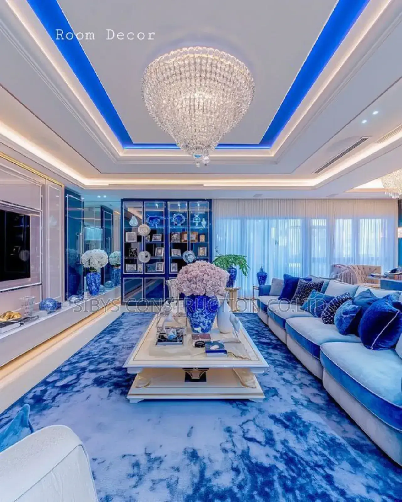 Gypsum Ceiling Light and Interior Design Blue Colour 