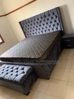 Tufted Gray Fabric 5x6 Bed Set With Bedsides and Puff