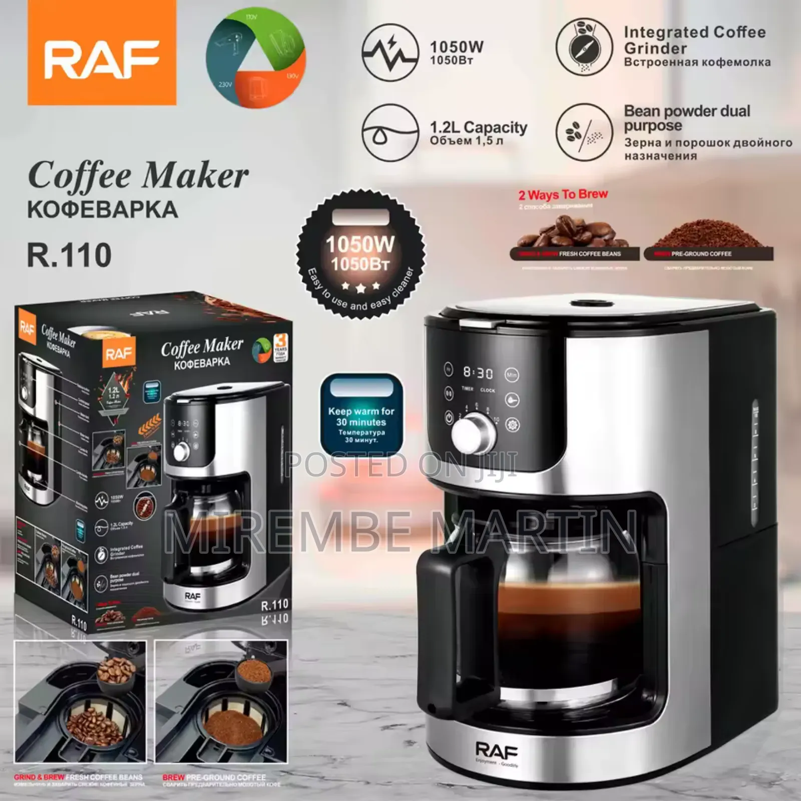 RAF 1.2L Water Reservoir Built-in Grinder Coffee Maker