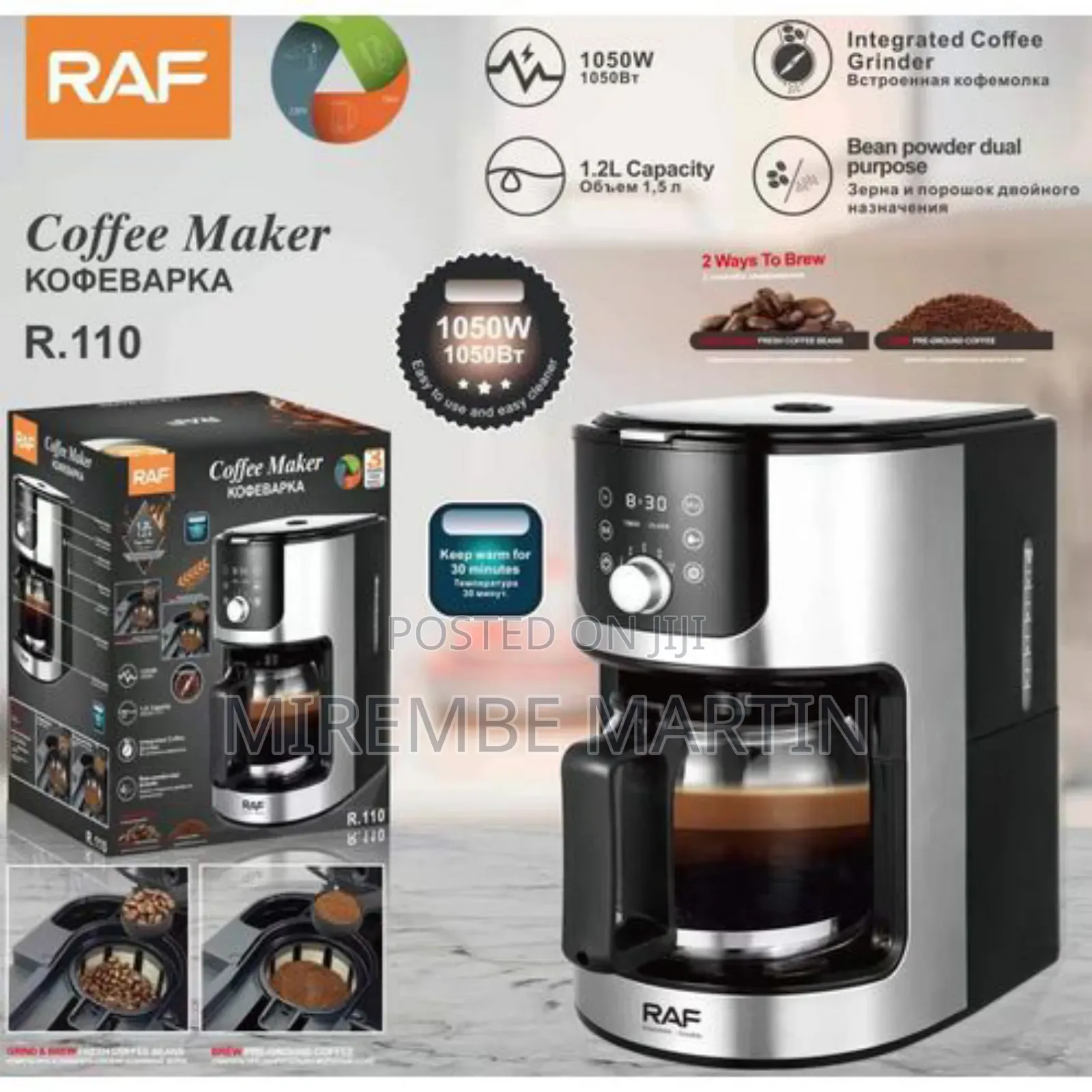 RAF 1.2L Water Reservoir Built-in Grinder Coffee Maker