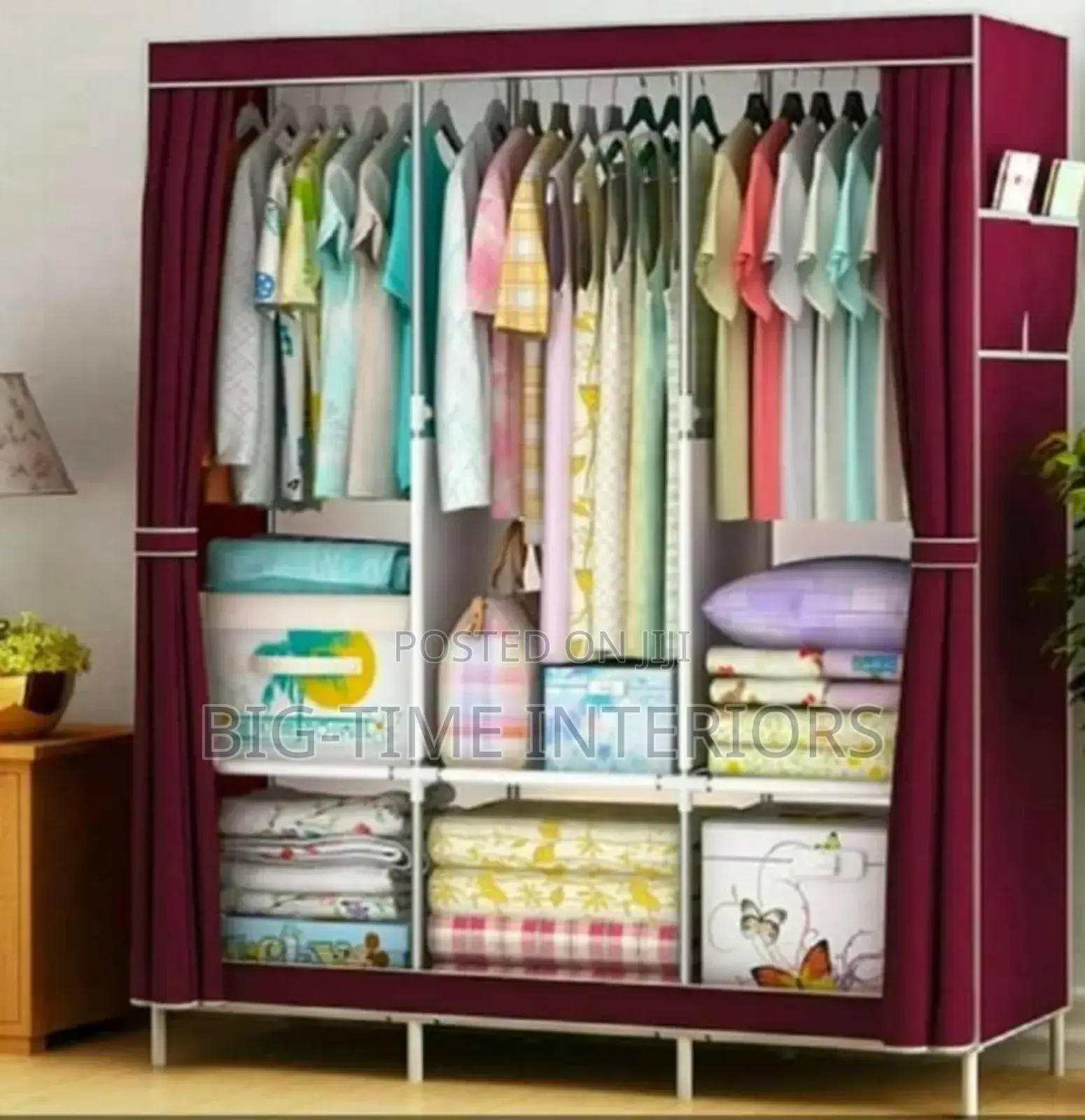 Maroon Metallic and Cloth 3column Closet/Wardrobe