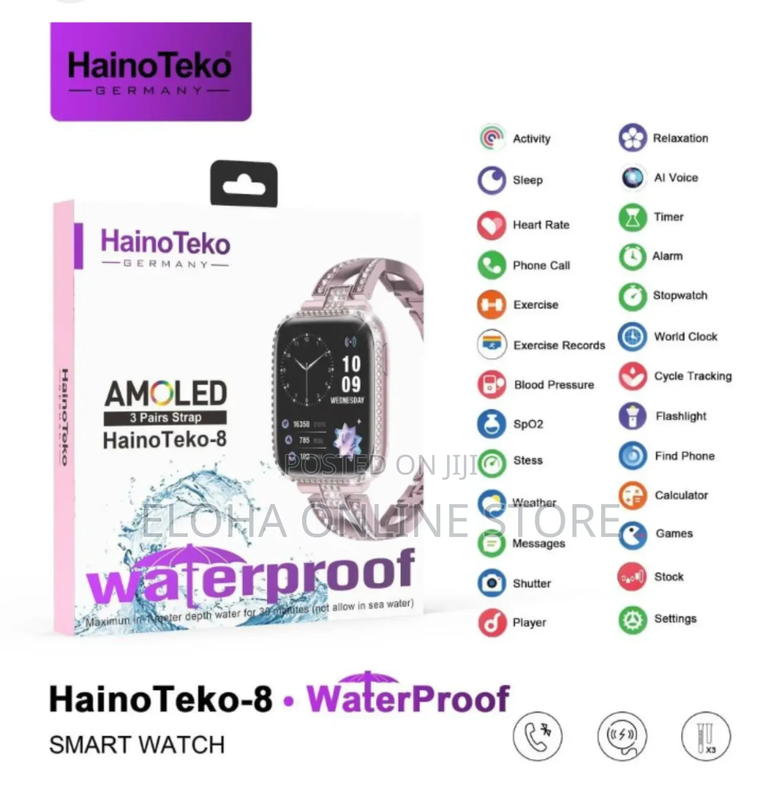 Haino Teko -8 AMOLED Smart Watch 3 Pairs Strap Waterproof