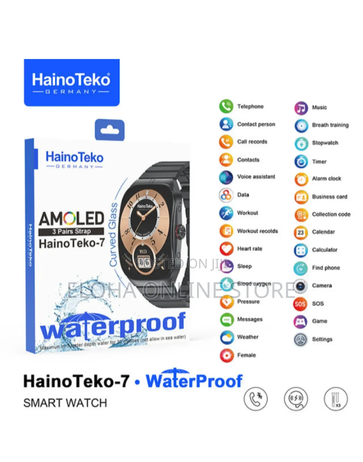 Haino Teko -7 AMOLED Smart Watch 3 Pairs Strap Waterproof
