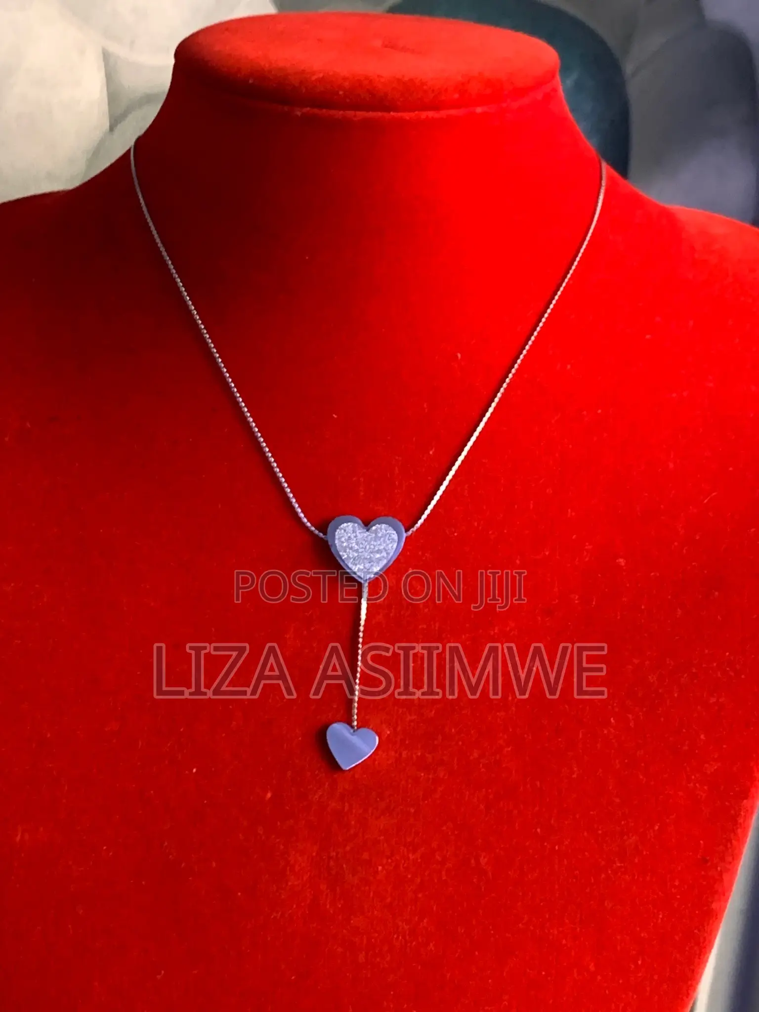 Silver Double Heart Charm Drop Necklace
