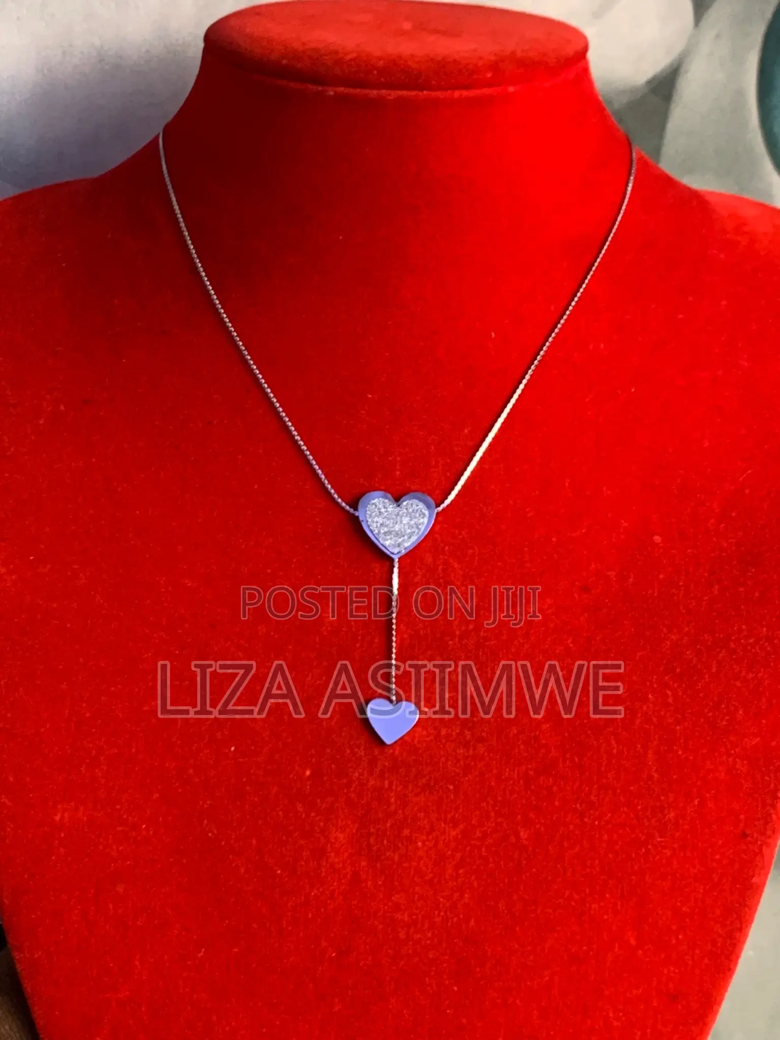 Silver Double Heart Charm Drop Necklace