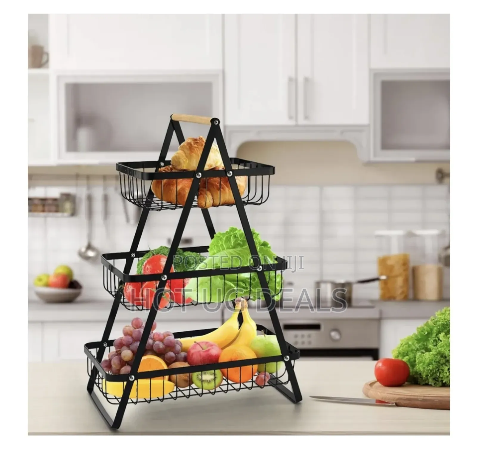 Wooden Handle Counter Top 3 Layers Fruit and Vegetable Stand