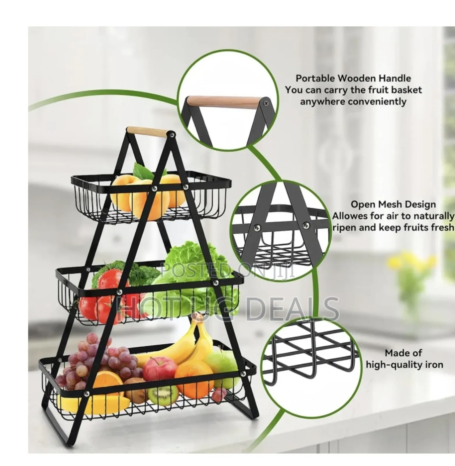 Wooden Handle Counter Top 3 Layers Fruit and Vegetable Stand