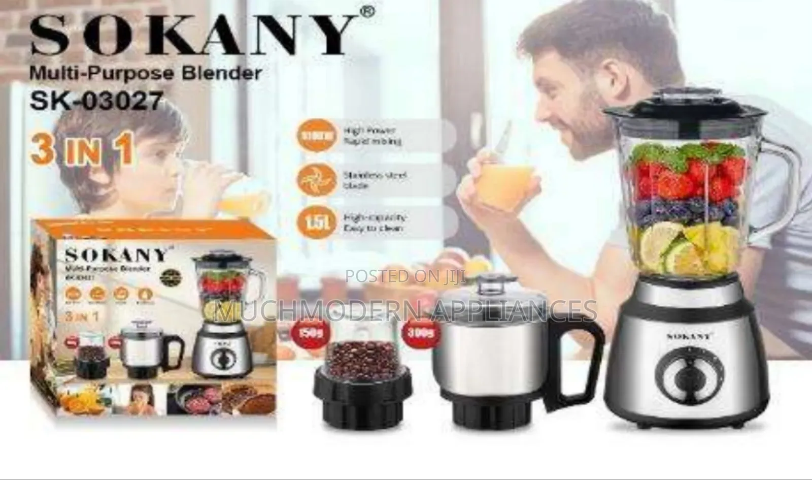 Sokany Blender 3 IN 1 1.5L Glass Jar SK -03072