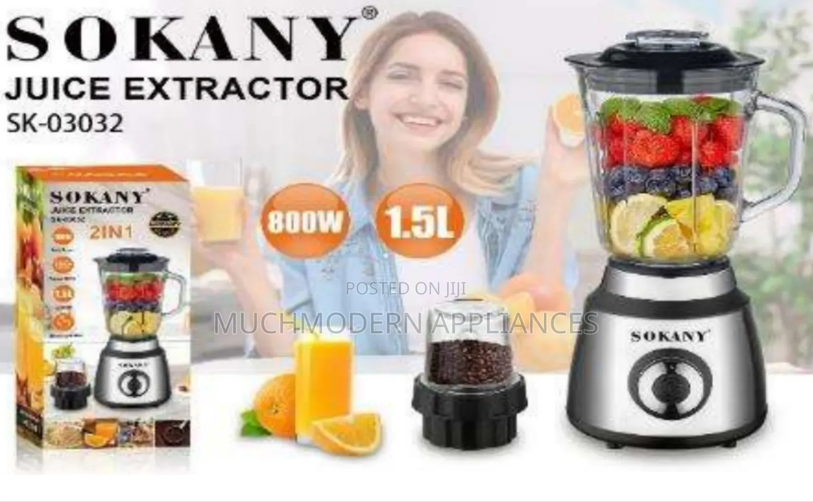 Sokany Blender 2 IN 1 800w 1.5L Glass Jar Sk-03032