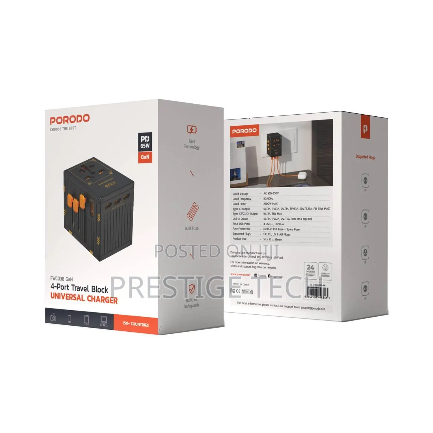 Porodo Travel Universal Gan Charger PD 65W, 5 Ports